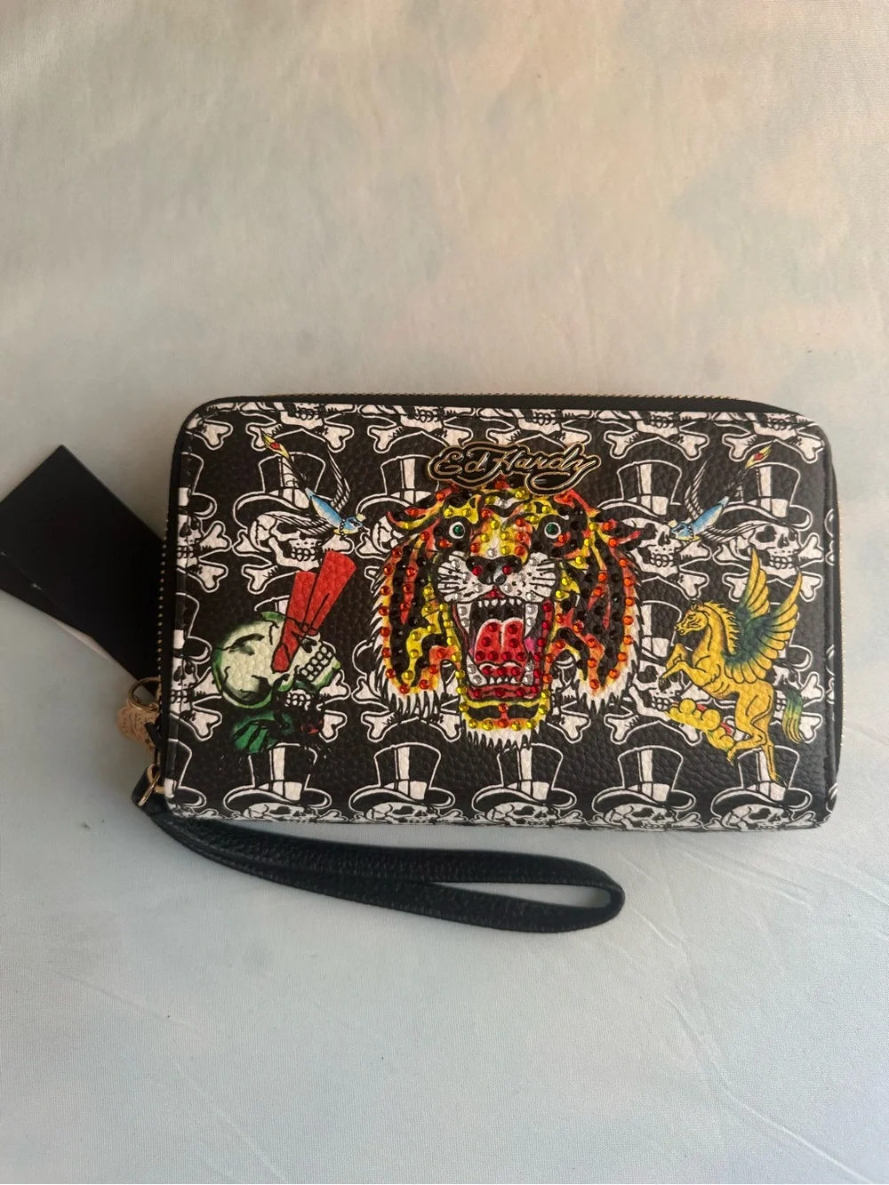 Ed Hardy Black Printed Tiger Zip Wallet Wristlet